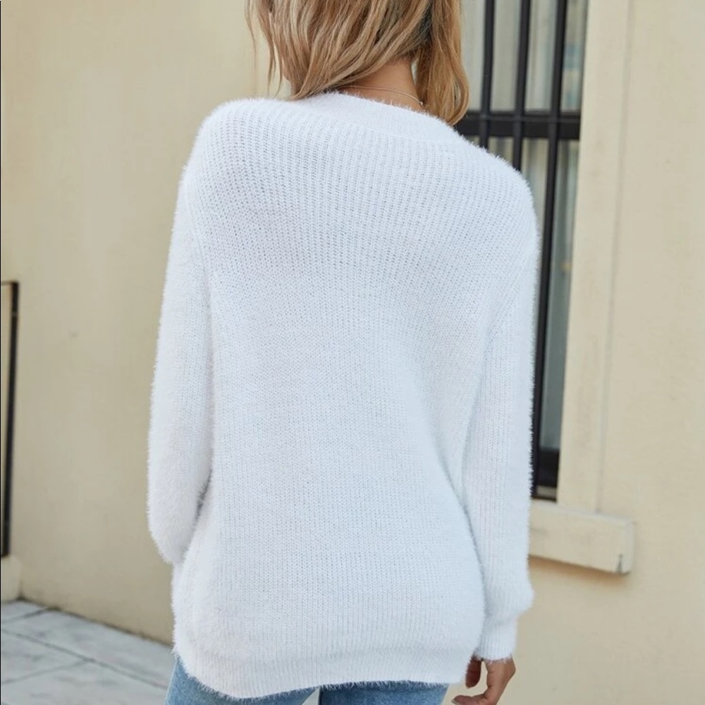 White fuzzy furry soft knit sweater rib knit - Picture 2 of 3